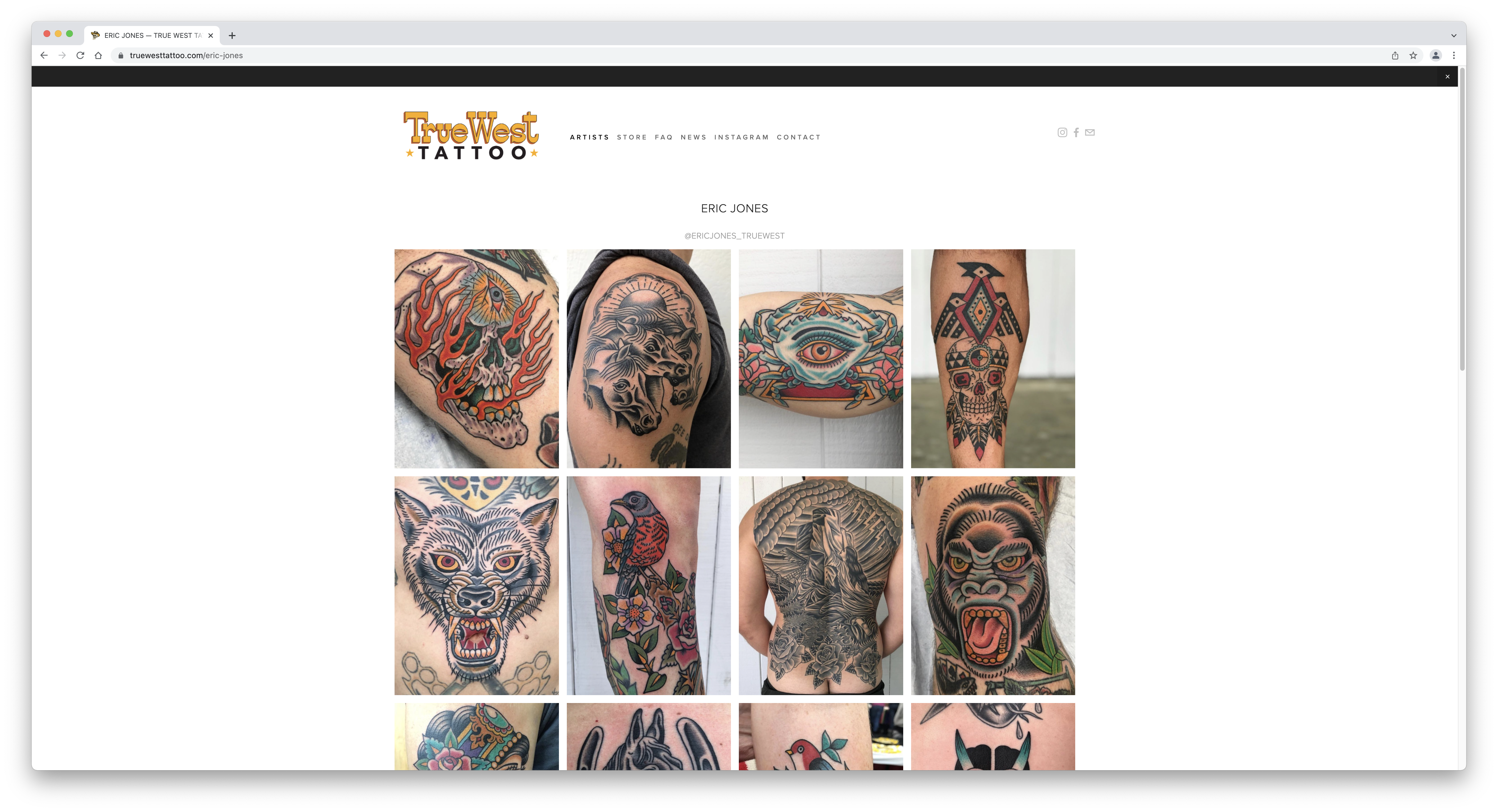 Screenshot of the artist Eric Jones's page of the True West Tattoo website.