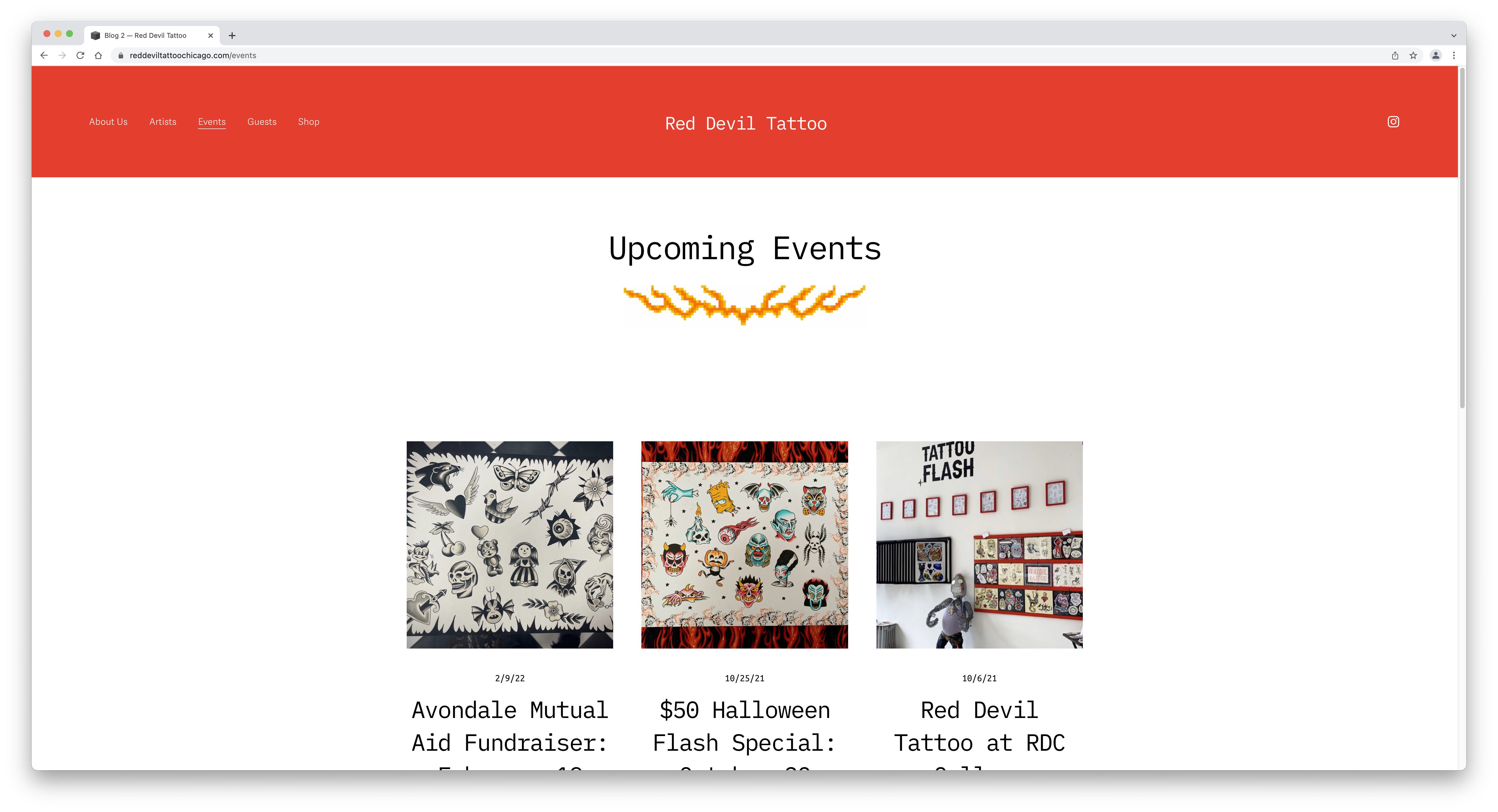 Screenshot of the Events page of the Red Devil Tattoo website.