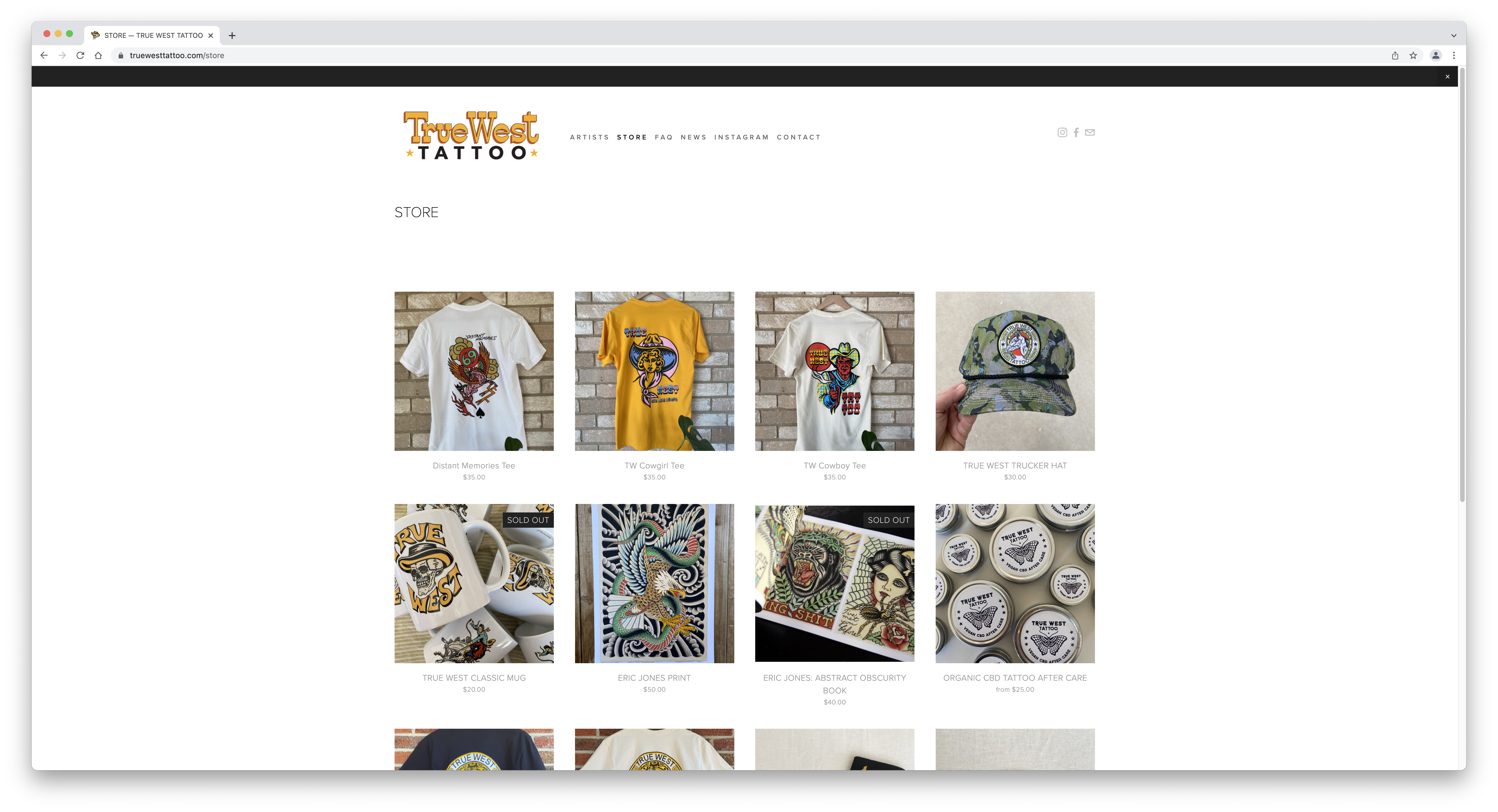 Screenshot of the Store page of the True West Tattoo website.